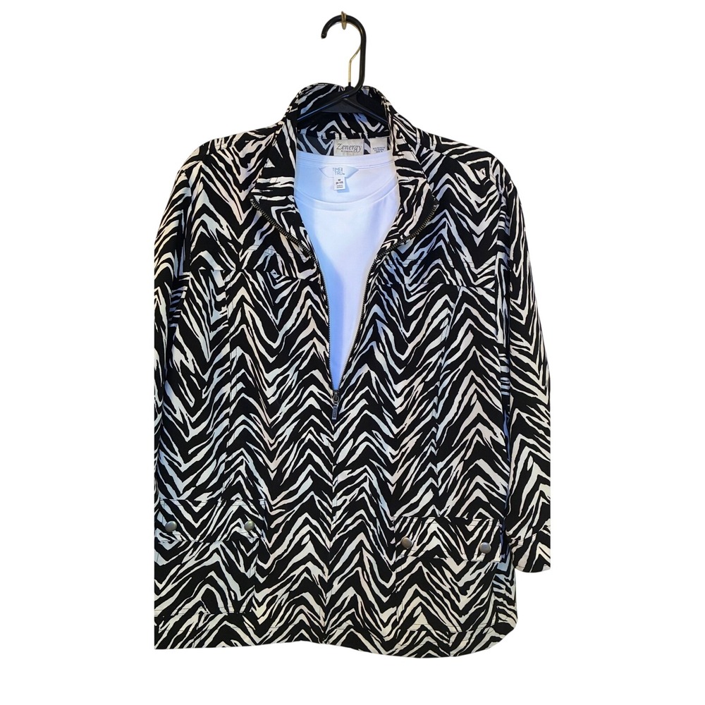 Zenergy Chico's Zebra Windbreaker Jacket & Time and Tru White T-Shirt Set L M